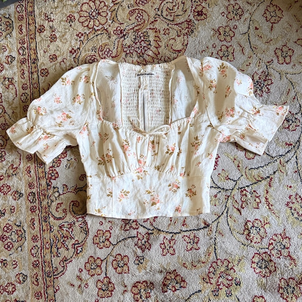Reformation Floral Cream Blouse with Puff Sleeves